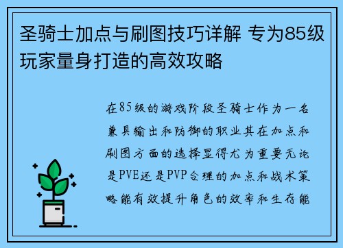 圣骑士加点与刷图技巧详解 专为85级玩家量身打造的高效攻略